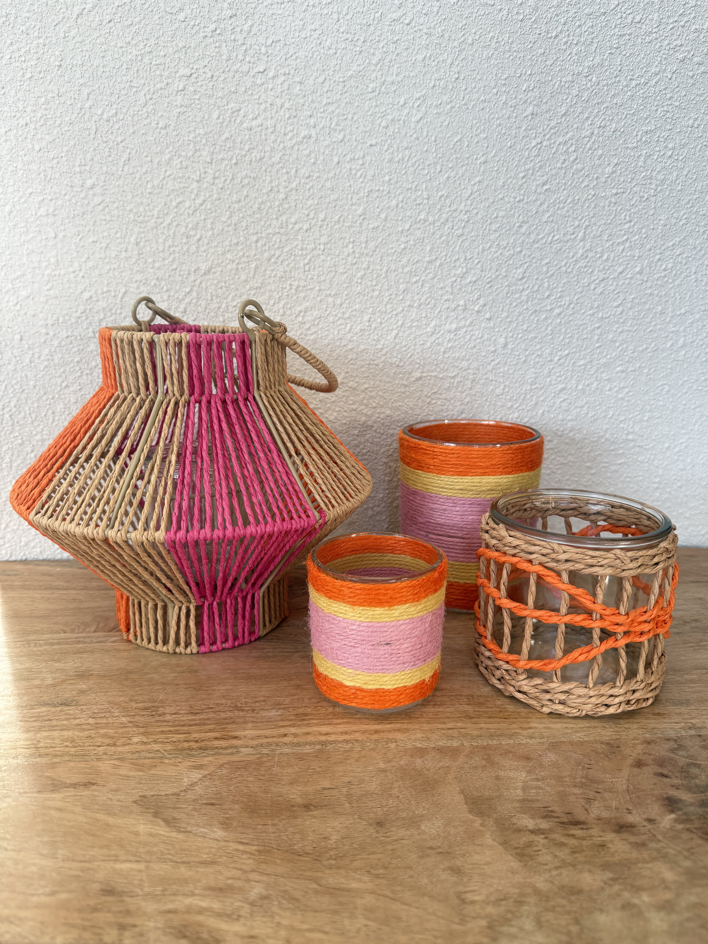 Windlicht waxinehouder roze oranje