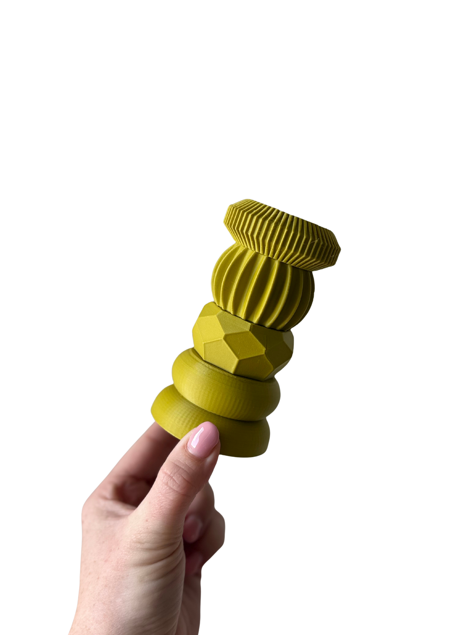 Stapelbare kandelaar basis kleur mosterd groen voorbeeld.